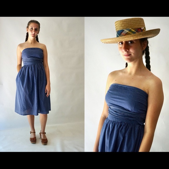 Strapless cotton handmade blue white polkadot dress - Picture 6 of 10